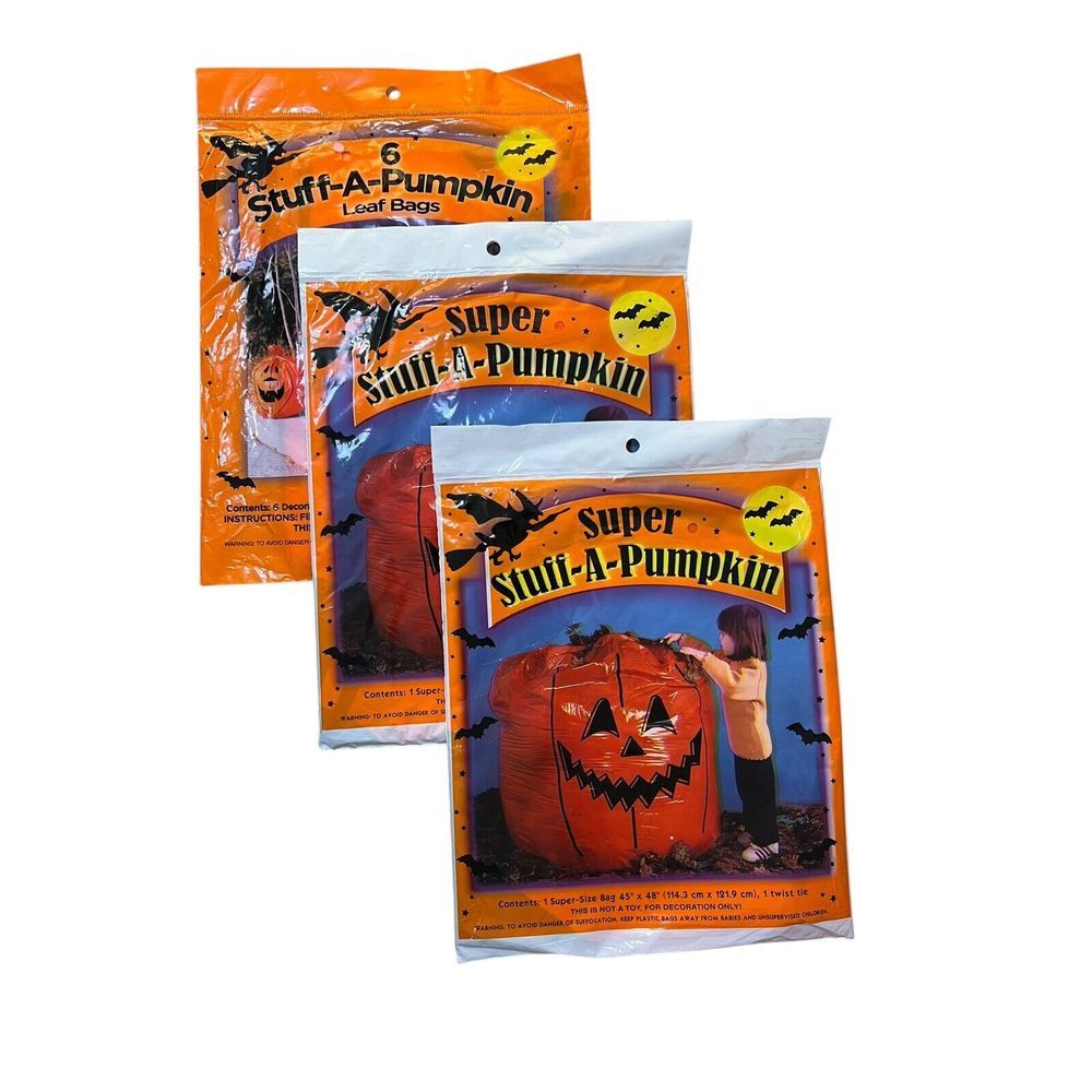 3 Pack- NEW‎ Stuff A Pumpkin Super Halloween Leaf Bag Yard Decoration Vintage
